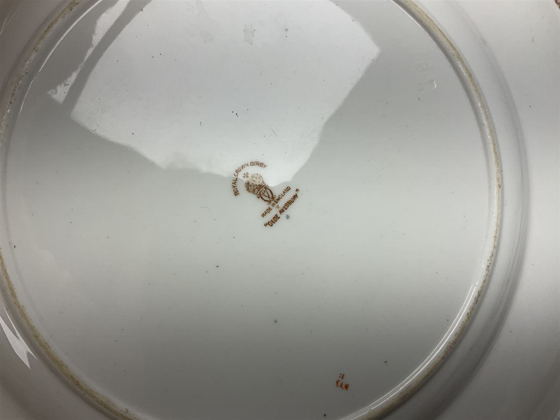 Five early 20th century Royal Crown Derby Olde Avesbury pattern dinner plates, decorated with oriental pheasants, butterflies and other birds amongst flowering branches, with impressed and printed marks to reverse, D26.5cm