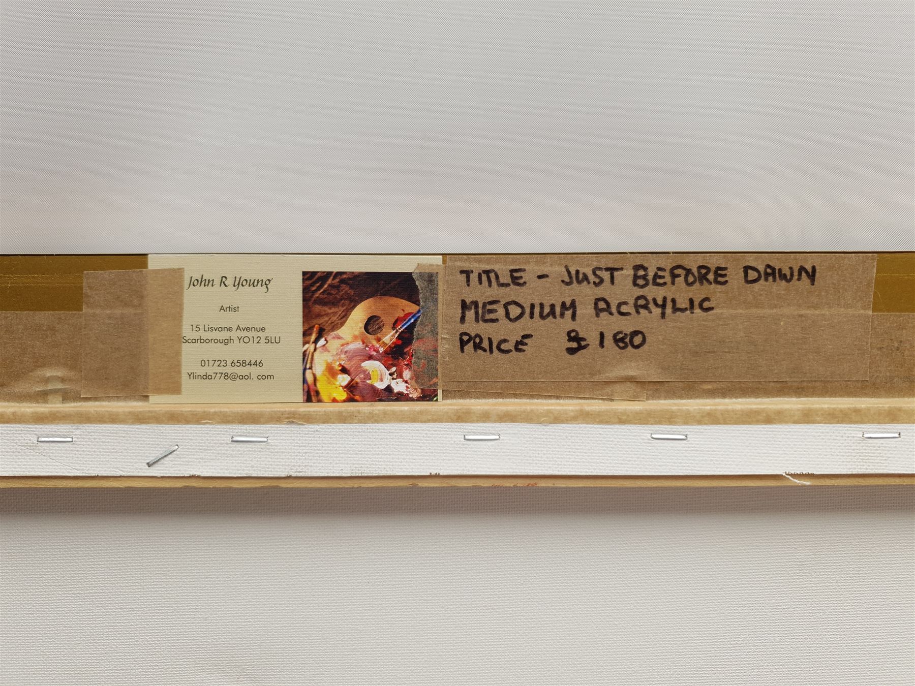 John R Young (British Contemporary): 'Just Before Dawn' Sandside Scarborough, acrylic signed, titled with artist's studio card verso 45cm x 60cm