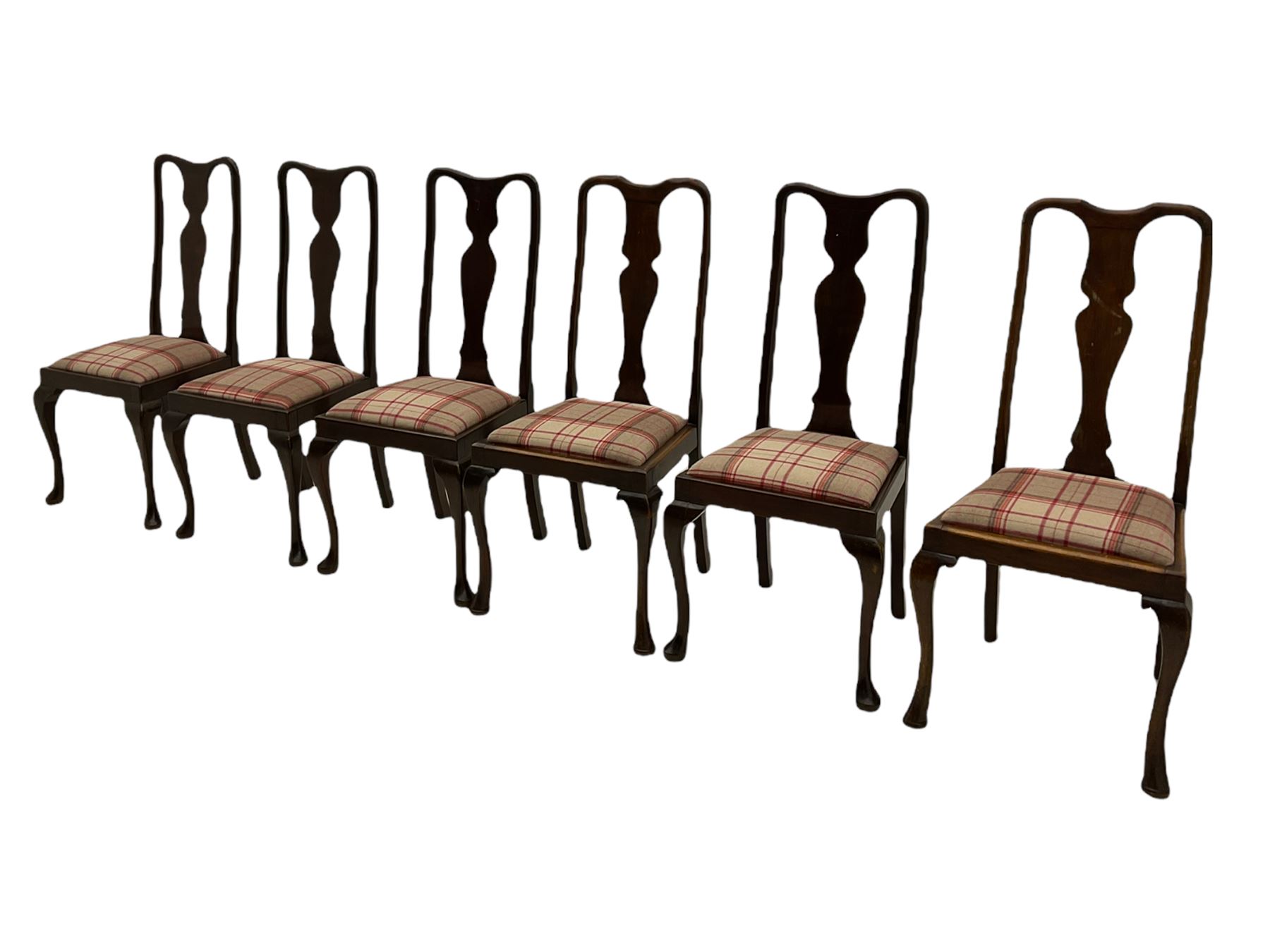 Mixed set of twelve early 20th century mahogany Queen Anne style dining chairs, all with shaped vase backs and cabriole front supports, matching drop-in seats upholstered in tartan patterned fabric