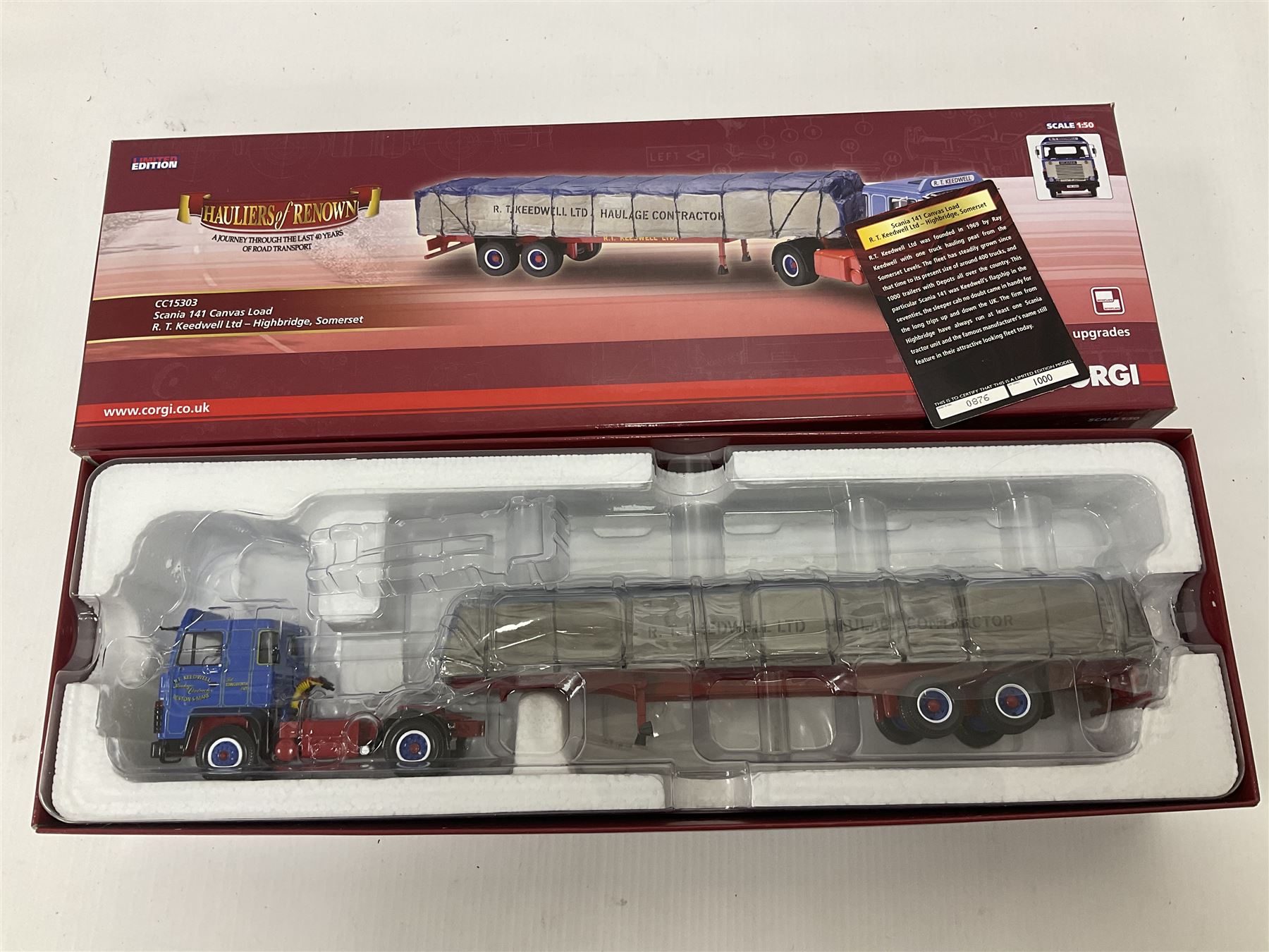 Corgi - Hauliers of Renown, three 1:50 scale models comprising CC14020 Volvo FH Curtainside - McMullan Transport Balleymoney, Co. Antrim, Northern Ireland no.820/1750; CC15006 Iveco Stralis Fridge Curtainside P. Harper & Sons Ltd - Ramsey, Cambridge, no.987/1000; CC15303 Scania 141 Canvas Load R. T. Keedwell Ltd - Highbridge, Somerset no.876/1000; all boxed 
