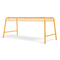 Ikea - 'Vasteron' 1990's orange metal bench, wireframed seat with tubular metal supports 