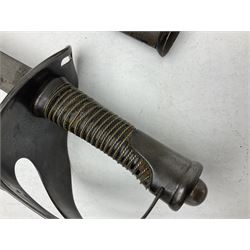 19th century Imperial German army heavy cavalry officers sword by Schnitzler and Kirschbaum, with 89cm single fullered steel blade and sheet steel basket hilt with teardrop cut-out and wire-bound leather grip L107.5cm overall; in steel scabbard with two suspension rings; and British Army 1822 Pattern Infantry Officer's sword in associated scabbard (2)