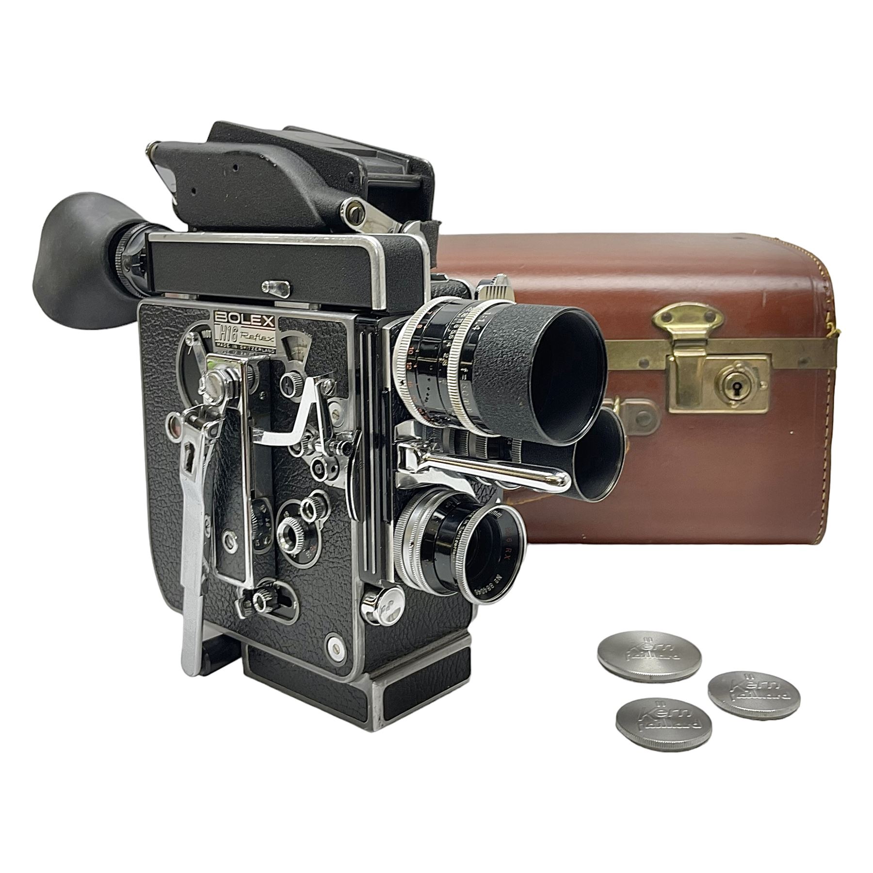 Paillard Bolex H16 RX5 cine camera body with turret for interchangeable lenses, serial no. 232492, with 'Switar H16RX 50mm f1.4' lens, serial no. 667880, 'Switar H16RX 25mm f1.4' lens, serial no.675510, 'Switar H16RX 16mm f1.8' lens, serial no. 884046 and RX fader, in fitted leather carrying case