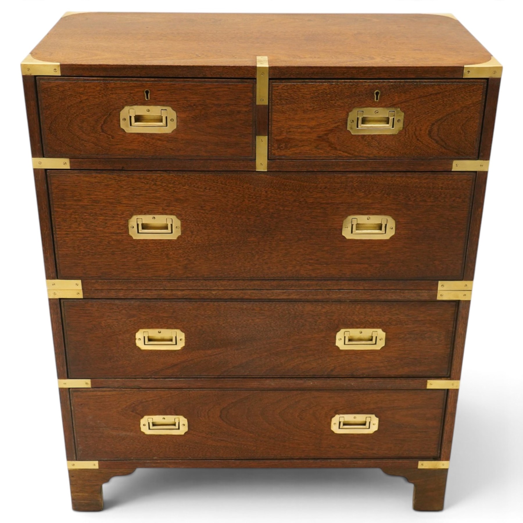 Georgian design mahogany military campaign style chest with central division, the rectangular top with inset brass corner caps, the top section fitted with two short over one long drawer with twin carrying handles to the sides and inset brass handles to the drawers, the base with two long drawers over bracket feet