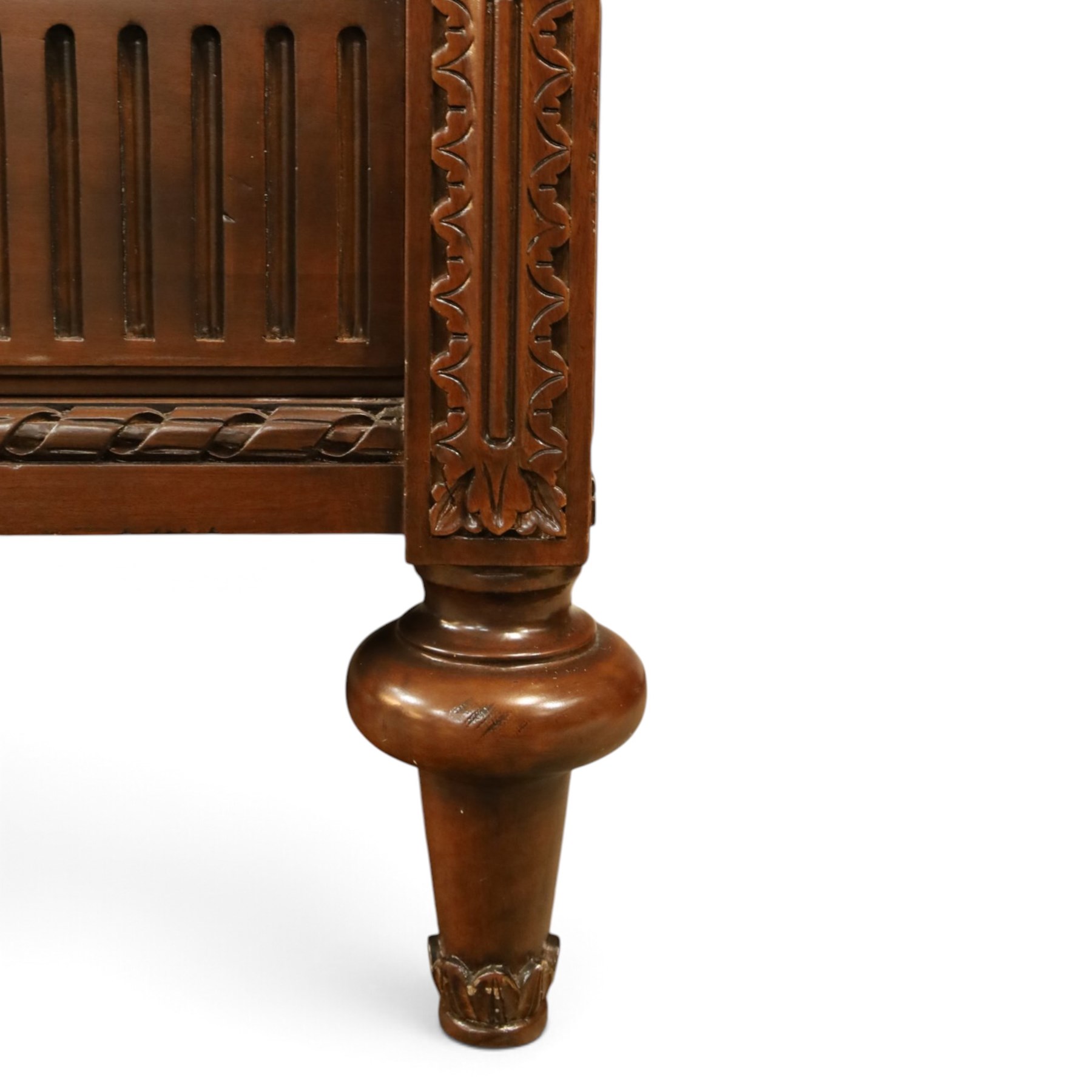 And So To Bed - French design ‘Eclectic’ double wardrobe in dark finish, arched moulded cornice with carved foliate band and turned finials, two mirrored doors enclosing a hanging rail, flanked by turned columns with foliate decoration, single fluted drawer below, on turned tapering feet