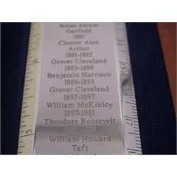 Modern silver 'Presidents Rule' ruler, by Richard Jarvis of Pall Mall, engraved with the names and dates of American Presidents from 1789 to 2001,  hallmarked Richard Jarvis, London 2004, L33.5cm, within silk and velvet lined fitted case
