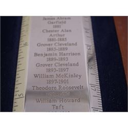 Modern silver 'Presidents Rule' ruler, by Richard Jarvis of Pall Mall, engraved with the names and dates of American Presidents from 1789 to 2001,  hallmarked Richard Jarvis, London 2004, L33.5cm, within silk and velvet lined fitted case
