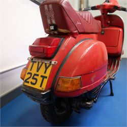 1979 Piaggio Vespa 200 Scooter

• Registration: TVY 25T
• Date of first registration: 1979
• Engine: 197cc petrol
• Odometer reading: 9,960 miles
• Colour: Red
• V5C: Present
• Keys: One

A 1979 Piaggio Vespa 200, registered TVY 25T and finished in red. Powered by a 197cc petrol engine, the scooter displays 9,960 miles on its Veglia Borletti odometer, although this mileage has not been independently verified.

The Vespa 200 is one of the larger-capacity models in the classic Vespa range, combining the marque’s distinctive pressed-steel construction with a practical 197cc engine and traditional handlebar gear change.

This example is presented in largely original and unrestored condition, retaining its period bodywork, Piaggio and Vespa badging, original-style controls and Yankee-branded dual seat.

The scooter shows extensive age-related wear throughout, including paint loss, scratches, surface corrosion and deterioration to the bodywork, including a perforation to the inner legshield.

This vehicle forms part of the Estate of the Late John Sills and is offered for sale by the Executors, confirming a genuine reason for sale.