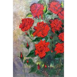 Ann Lamb (British 1955-): Ruby Roses, mixed media on canvas signed 76cm x 51cm 