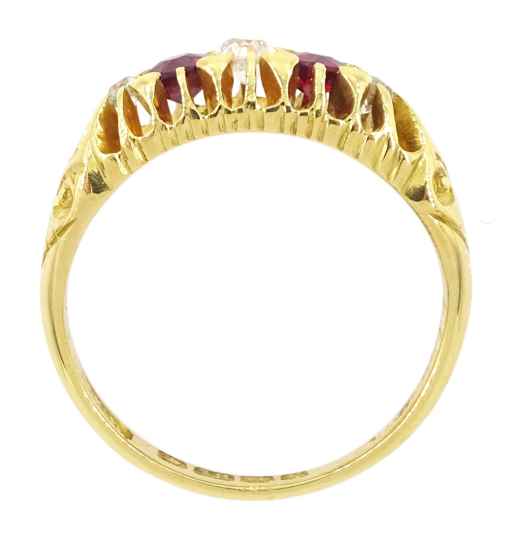 Edwardian 18ct gold five stone ruby and old cut diamond ring, Birmingham 1902, total ruby weight 0.40 carat, total diamond weight approx 0.20 carat