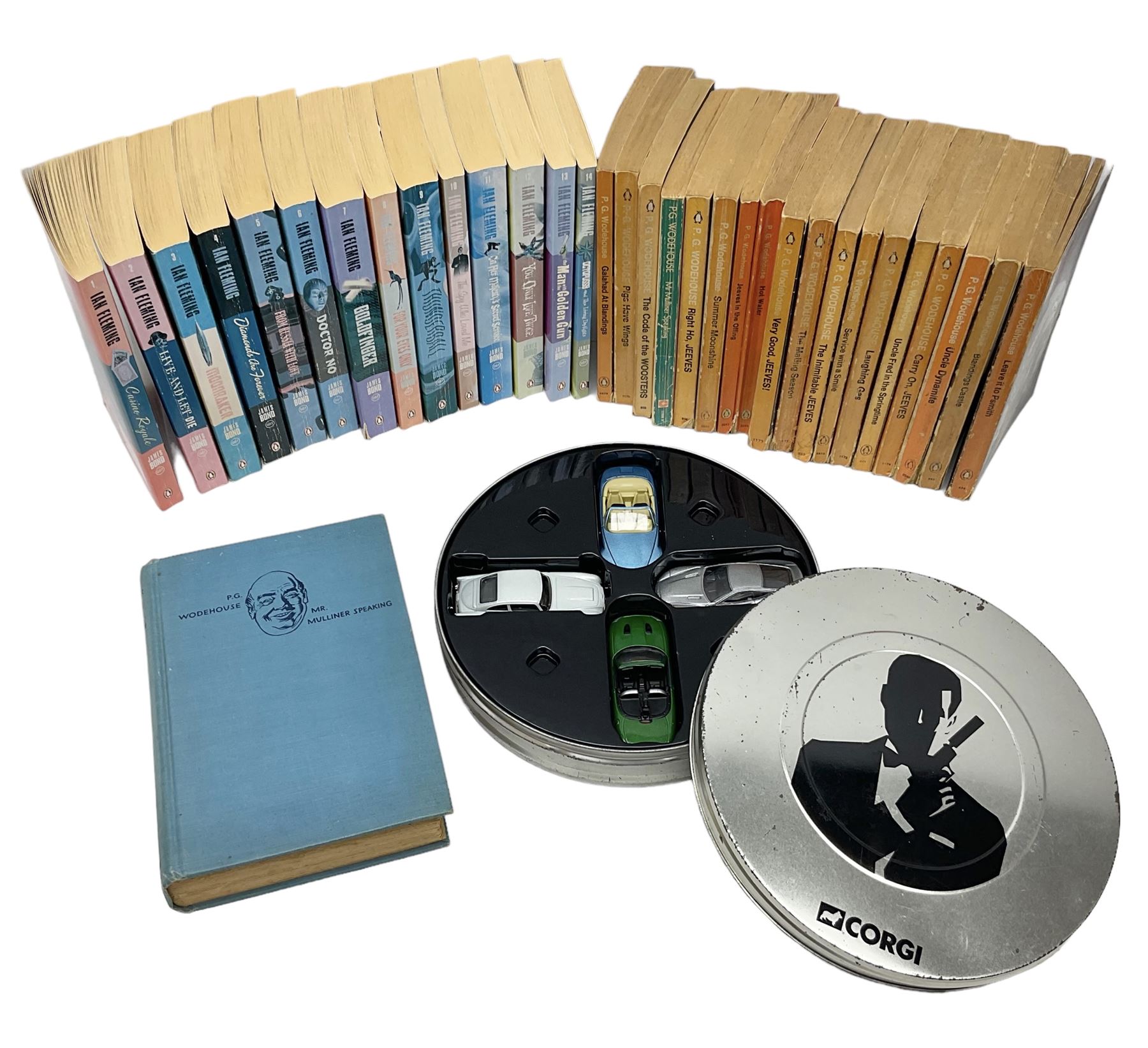 Wodehouse P.G.: Mr. Mulliner Speaking. First American edition 1930; eighteen P.G. Wodehouse paperback books; fourteen James Bond paperback books and Corgi tin of four James Bond die-cast model cars