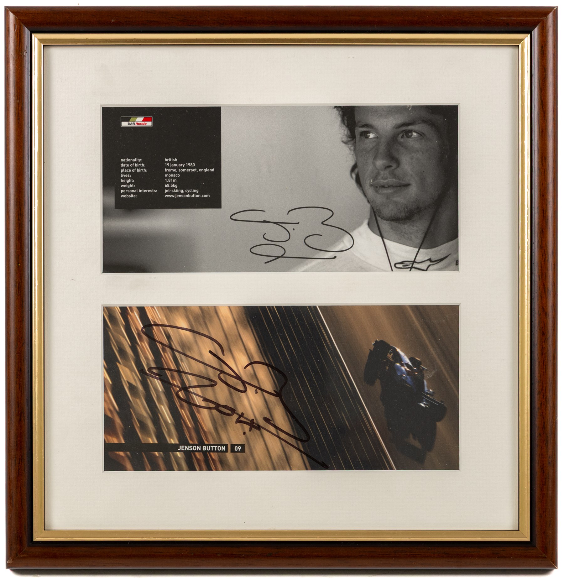 Ten signed Formula 1 photographs, comprising eight Damon Hill examples, Jenson Button and a Nigel Mansell example, nine with certificates of authenticity from Write Stuff Autographs, all framed, largest H47cm, W67cm