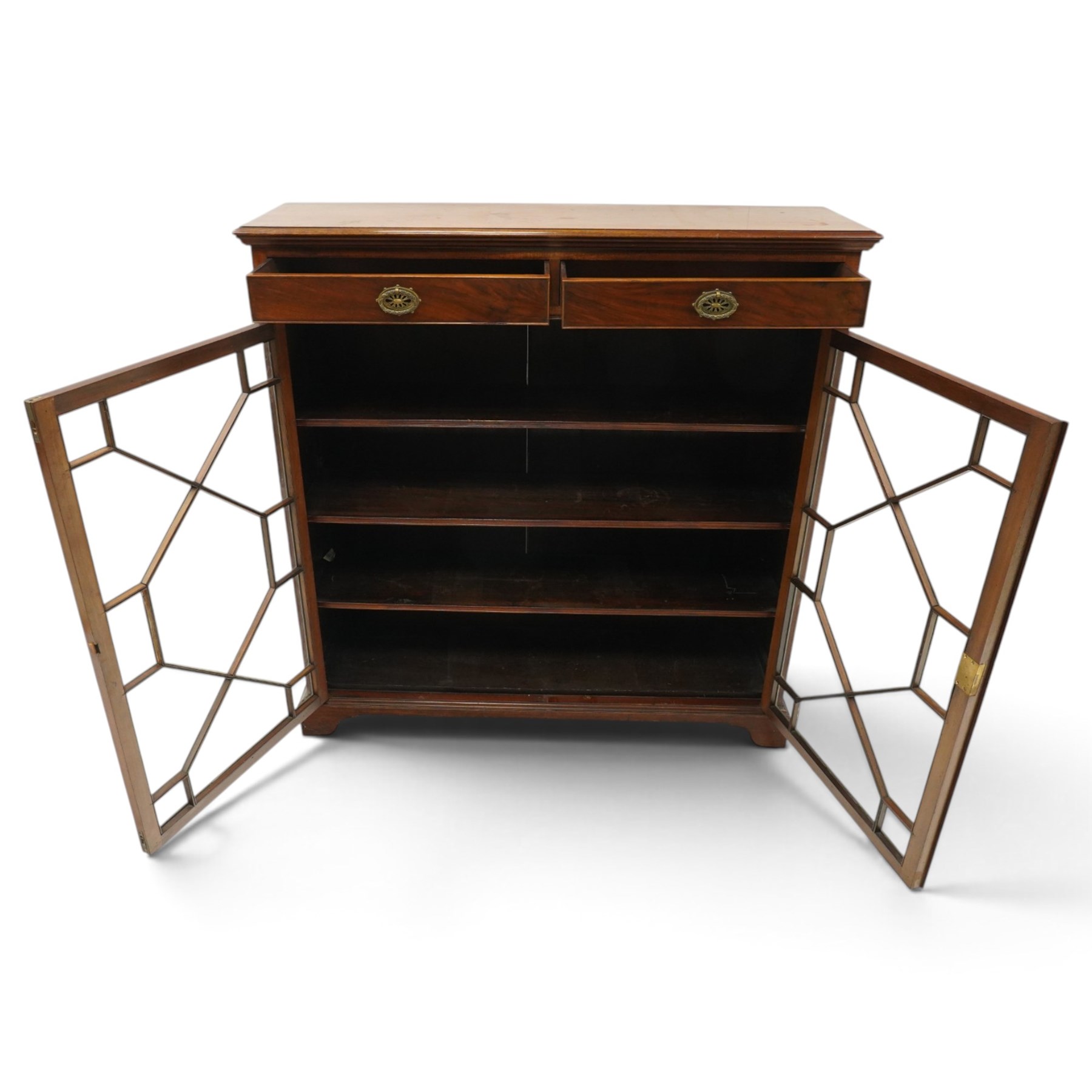 Late 19th century mahogany bookcase, fitted with two drawers over twin astragal glazed doors, enclosing three adjustable shelves, on bracket feet