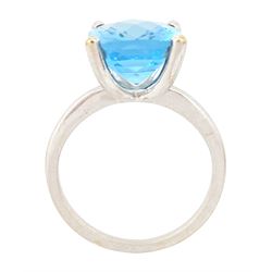 18ct white gold blue topaz ring, four claw set with a single cushion briolette cut Swiss blue topaz, hallmarked