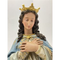 Religious painted plaster sculpture of Mary with a crown standing upon a serpent, H98cm.