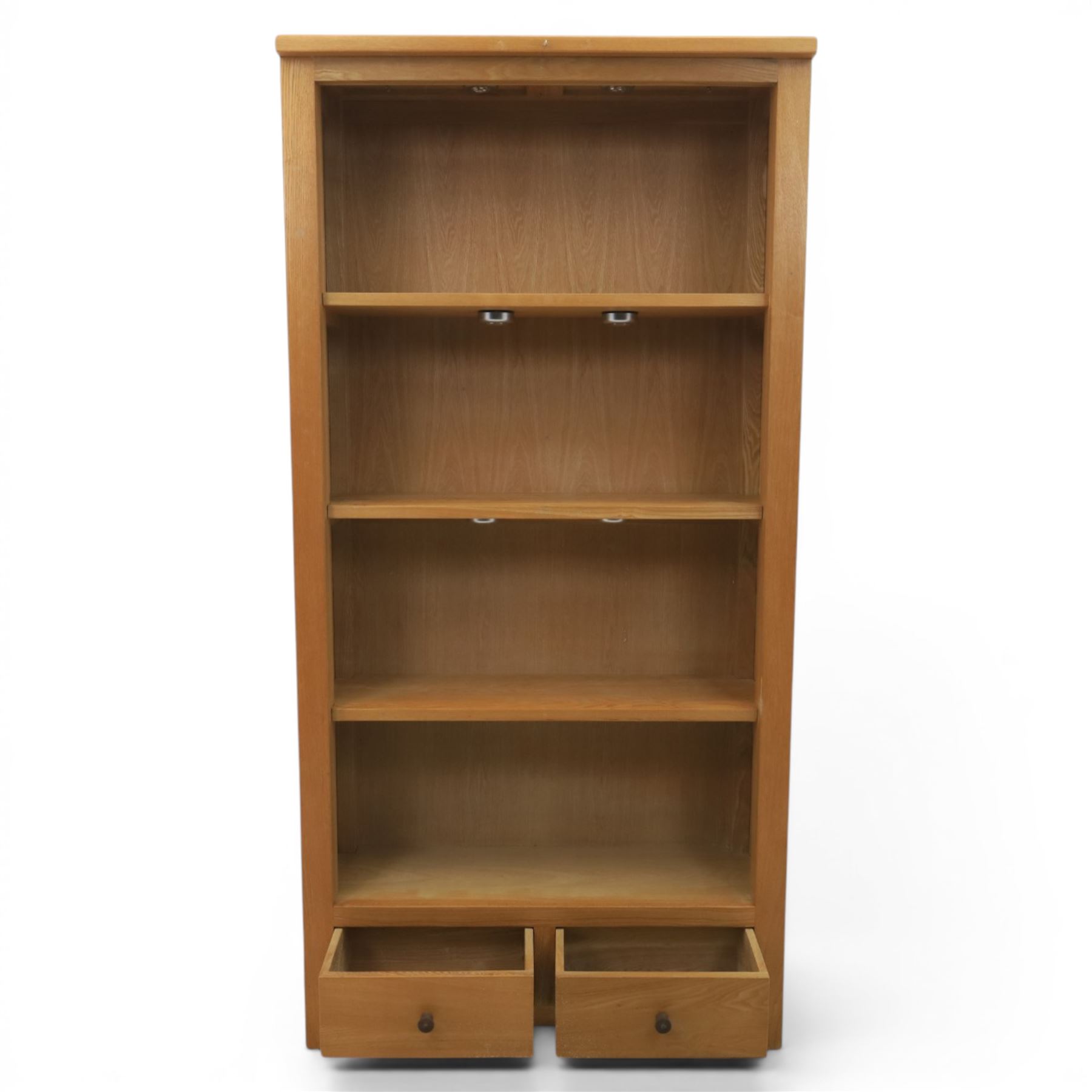 Contemporary oak open bookcase, fitted with two base drawers