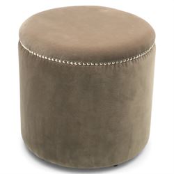 Oka - Costellina circular ottoman stool upholstered in brown velvet, metal studs lining the top edge