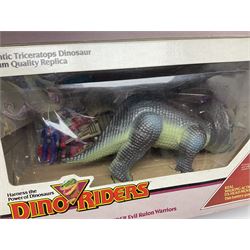 Dino-Riders 1980s by Tyco Action-GT, Stegosaurus with Tark and Vega Heroic Dino-Riders; Triceratops with Hammerhead and Sidewinder Evil Rulon Warriors; and Struthiomimus with Nimbus Heroic Dino-Rider; all boxed; two Action Figures, re-bagged on original card backing; and two VHS video tapes (6)