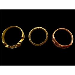 18ct gold stone set ring, 9ct rose gold ring and a 9ct paste set eternity ring