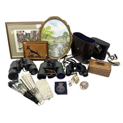 Three pairs of binoculars to include Enbeeco Concord and Bresser, Palestine police patch, framed pictures etc