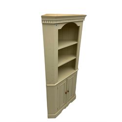 Painted pine corner cupboard, dentil frieze over two shelves and cupboard
