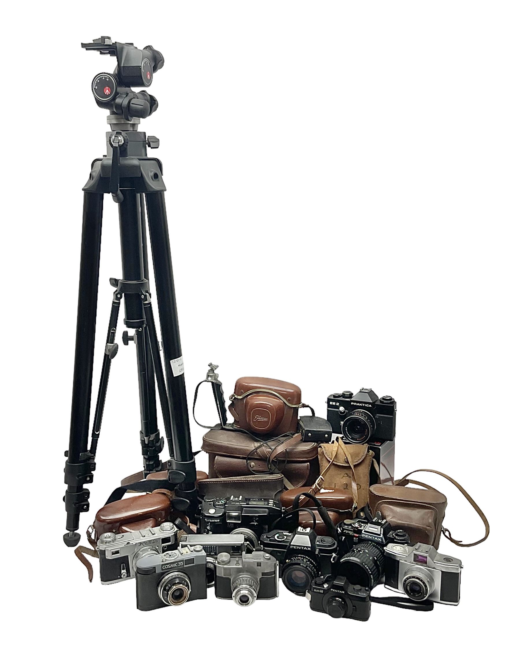 Collection of cameras and lenses, to include Pentax Program A camera body, serial no 123759, with 'Pentax-A zoom 1:3.5-4.5 28-80mm' len, Praktica EE2 camera body with 'Pentacon electric 1.8/50' lens etc, together with a Manfrotto tripod 
