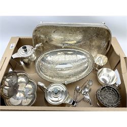 Silver plated footed tray, EPNS teaset including teapot, sugar bowl and jug and other metal ware. 