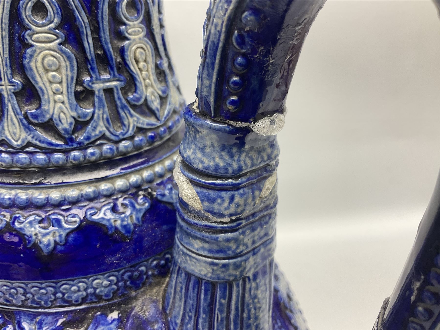 German stoneware blue glazed vase of flattened form with twin handles, H49cm (a/f)