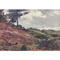 Thomas (Tom) Edwin Mostyn ROI RWA RCA (British 1864-1930): Wooded Upland Landscape, oil on canvas signed 24cm x 34cm