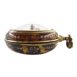 18th century gilt pair cased verge fusee pocket watch by Robert Hyland, London, No. 13345, round baluster pillars, pierced and engraved balance cock, white enamel dial with Roman hours and outer Arabic minute ring, beetle and poker hands, the outer tortoiseshell case with pique work borders