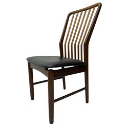 Svend Aage Madsen for Moreddi - set of four teak dining chairs, angular vertical slat back over upholstered seat, on turned front supports 