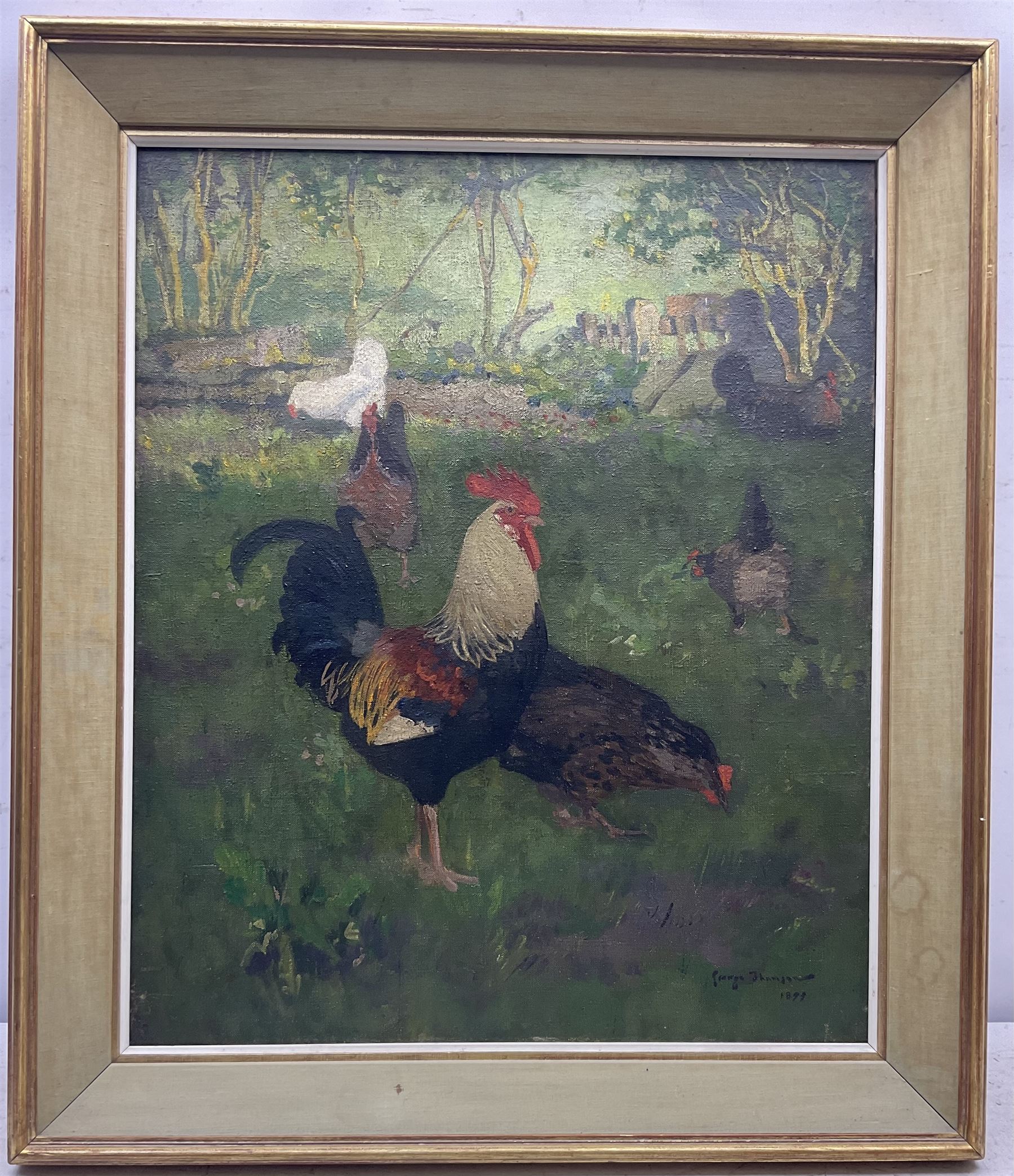 George Thompson (British late 19th century): Chickens Pecking in the Woods, oil on canvas signed and dated 1899, 60cm x 50cm