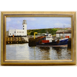 Tom S Hoy (British 20th century): Trawler Moored in Scarborough Harbour, acrylic on board signed 43cm x 59cm