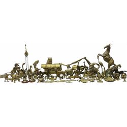 Brass cast figure of a shire horse and gypsy caravan H18cm, a brass cast rearing horse on wooden plinth, together with a large collection of other bass animals. 