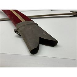 Late Victorian British Military gymnasium practice sword with 85.5cm fullered blunt pointed narrow straight blade, pierced bowl guard and chequered wooden grip L103cm overall; Leon Paul fencing foil with shaped grip and touche wiring; and two reproduction Indian tulwar swords with scabbards (4)