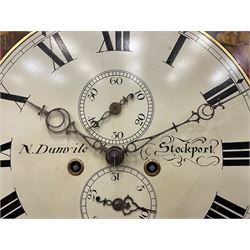 Nathaniel Dumville of Stockport - 8-day brass inlaid mahogany longcase clock c1840, swans neck pediment with ball and spire finials and wooden paterae, recessed break arch hood door flanked by rope twist pilasters, trunk with conforming pilasters and gothic ogee topped door, canted plinth raised on bracket feet, fully painted break arch dial with moon work and spandrels depicting the four seasons, centre with Roman numerals, minute track, subsidiary date and seconds dials, matching stamped brass hands, four pillar movement with an anchor escapement, rack striking on a bell. With weights and pendulum.
The Dumville family were prevalent Cheshire clockmakers working in Stockport 1820-42.
