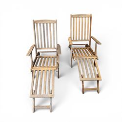 Pair of teak folding steamer chairs, with slatted backs, seats and extending footrests, adjustable recline.