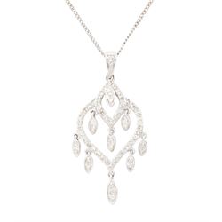 9ct white gold diamond pendant necklace, the openwork pendant set with single cut diamonds...