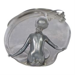 WMF Art Nouveau pewter tray, of oval from, with a female figure covered with a lily pad at one end, and snake with flowers and whiplash stems at other, signed and impressed marks beneath, H8cm, L25cm 