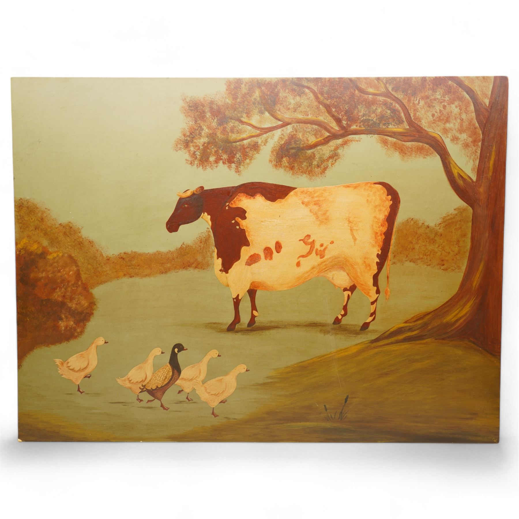 English Primitive School (20th century): Prize Heifer and Geese, oil on board unsigned 70cm x 91cm