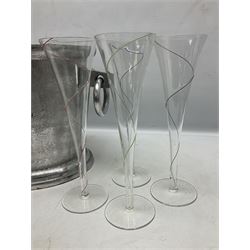 Aluminium champagne bucket detailed Cuvee de Prestige Champagne du Louvois, with twin ring handles, together with quantity of glasses, bucket L38cm