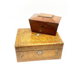 A 19th century walnut, burr walnut and Tunbridge box, H13.5cm L30cm D22cm, together with a 19th century mahogany sarcophagus caddy, H12cm L20cm D11.5cm