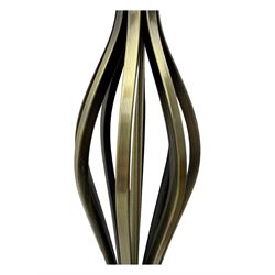 Contemporary brushed metal standard lamp, brass effect with cylindrical stem, on circular base, H131cm; matching table lamp, H35cm (2)