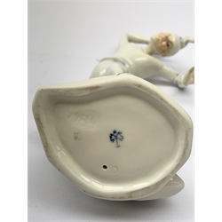 Three 20th century Karl Ens figurines, the first modelled as Uncle Fritz, the second modelled as Bock the Tailor, the third modelled as a sprightly female figure, each with printed blue mark to base, largest H20cm. 