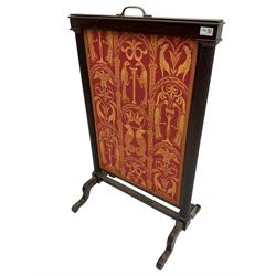 19th century mahogany framed fire screen, adjustable extending screen with crimson upholstery screen decorated with gilt hippocampi, peacocks, columns and other classical scenes, flanked by reeded columns, on cabriole supports