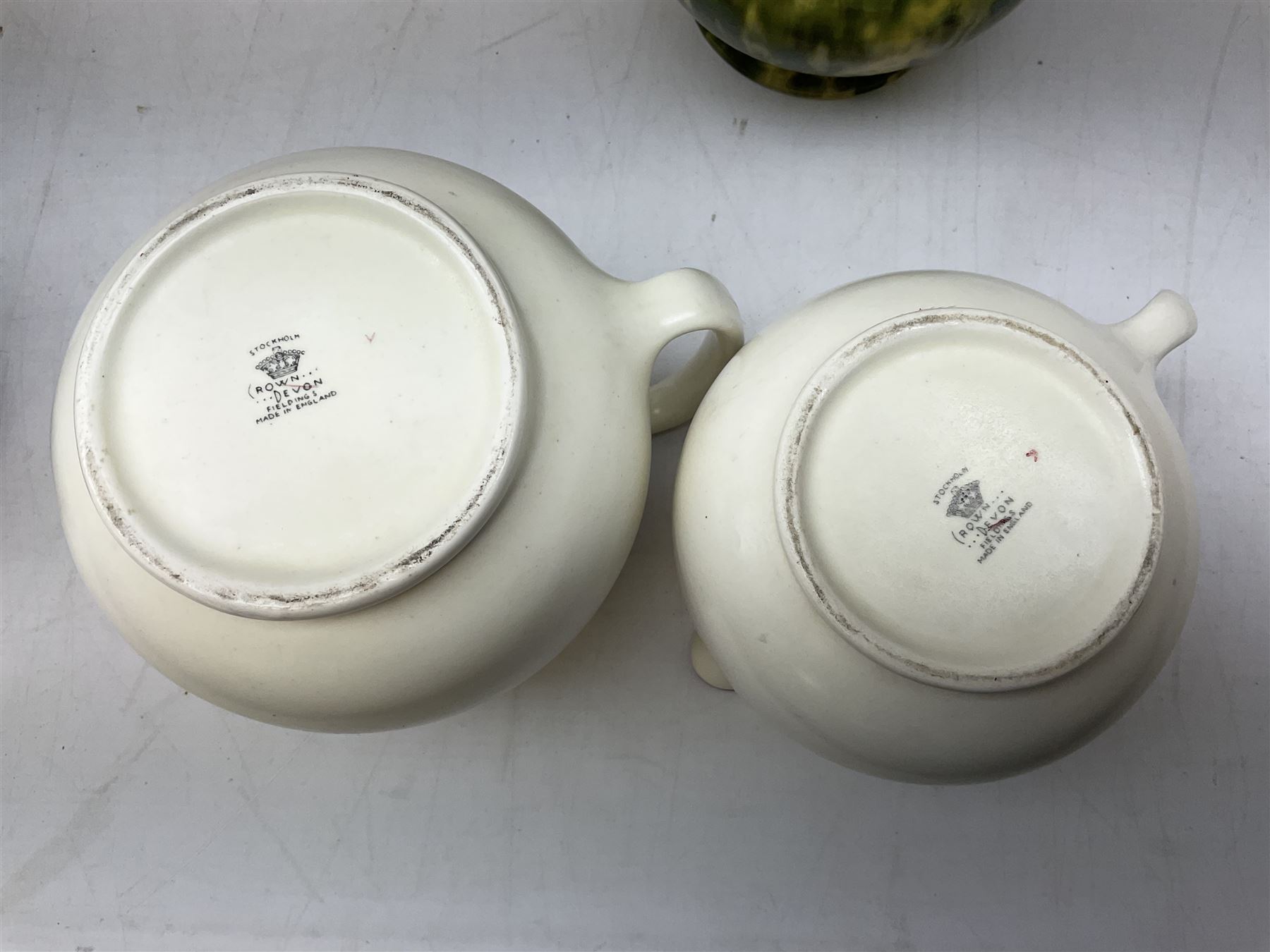 Mid century Spode Copeland 'Cutie Kitten' bowl, Crown Ducal King George VI and Queen Elizabeth Coronation Emu Wines flask with stopper, c1937, Carlton Ware sauce boat and saucer, Crown Devon and quantity of ceramic jugs etc