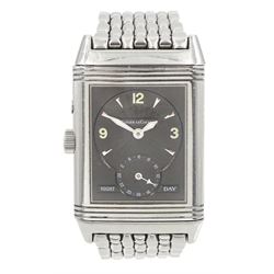 Jaeger-LeCoultre Reverso Duoface Night & Day gentleman's stainless steel manual wind wristwatch, Ref. 270.8.54, silvered dial with Arabic numerals with subsidiary seconds dial, reversing to a second black engine turned dial, Arabic and dagger numerals, subsidiary day/night dial, on Jaeger-LeCoultre stainless steel bracelet, boxed with service papers dated 2019 and 2020 and additional links