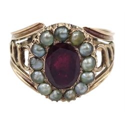 19th century gold oval red/pink stone and seed pearl ring