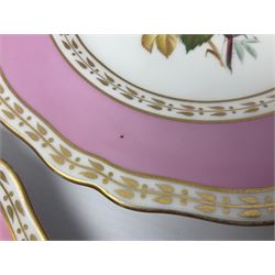 Victorian Copeland, Botanical dessert service, decorated with floral sprigs to the centre with a pink and gilt border, comprising five comports and seven plates, largest comport H20cm, plate D22cm