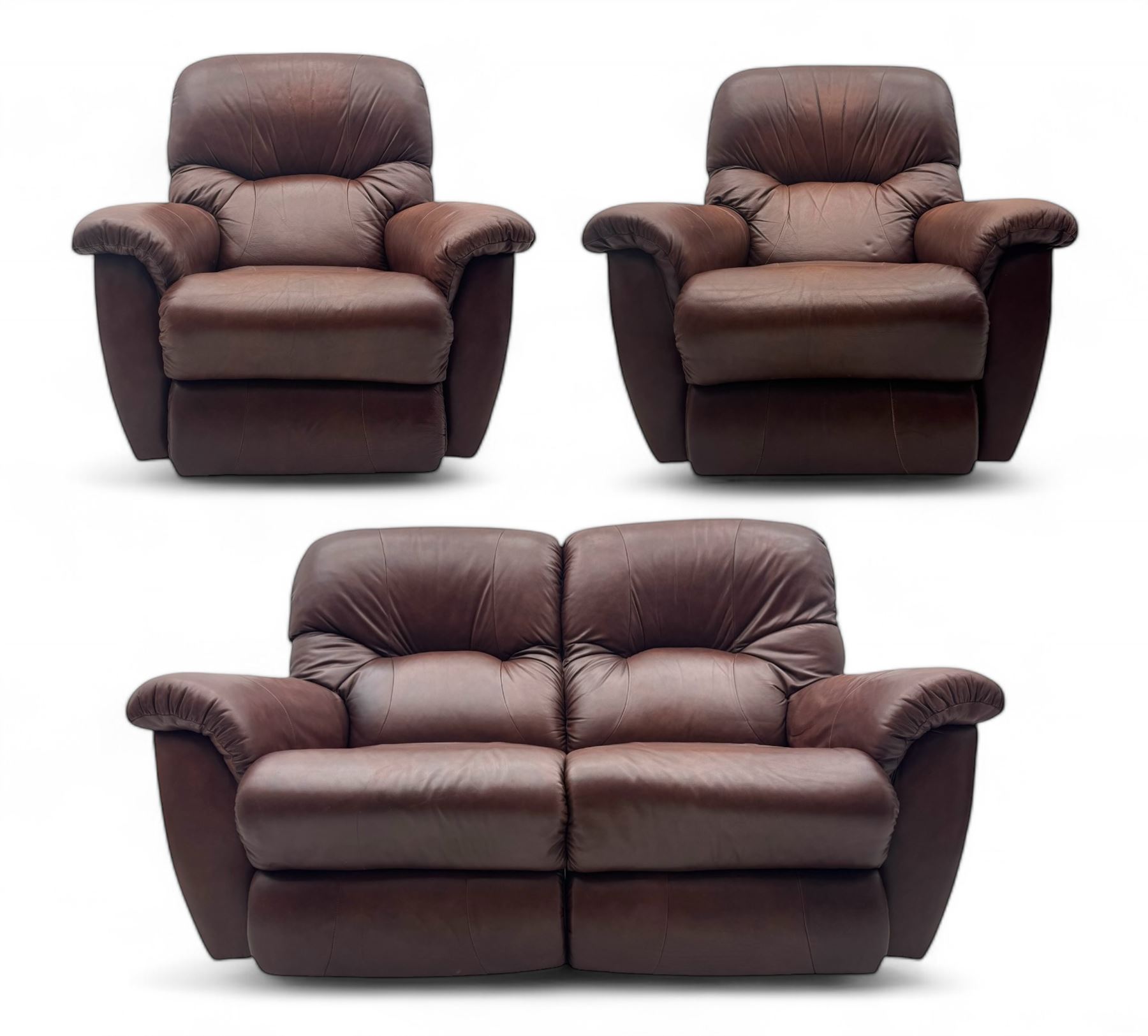 La-Z-Boy - manual reclining three piece suite - two seater sofa (W165cm, H105cm); and two armchairs (W98cm), upholstered in brown leatherette